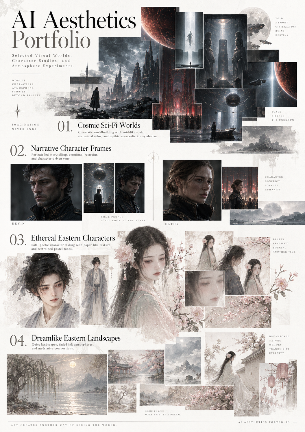 AI aesthetics poster featuring cosmic science-fiction worlds and eastern-inspired character imagery