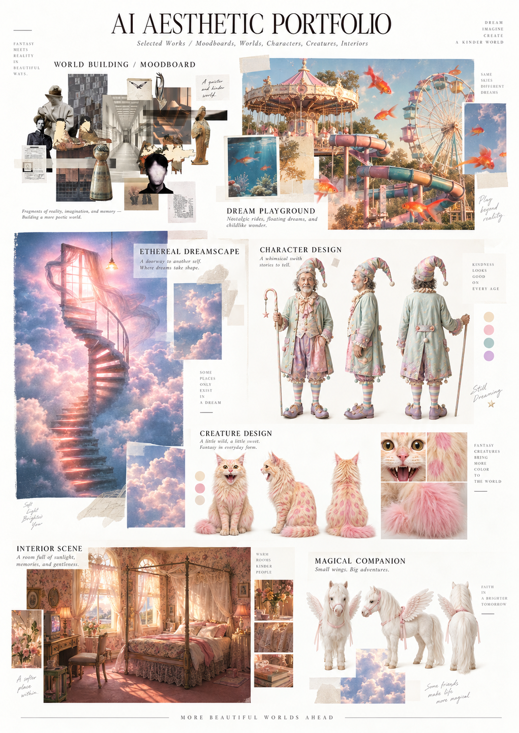 AI aesthetics poster featuring a dream playground, fantasy characters, and pastel creatures