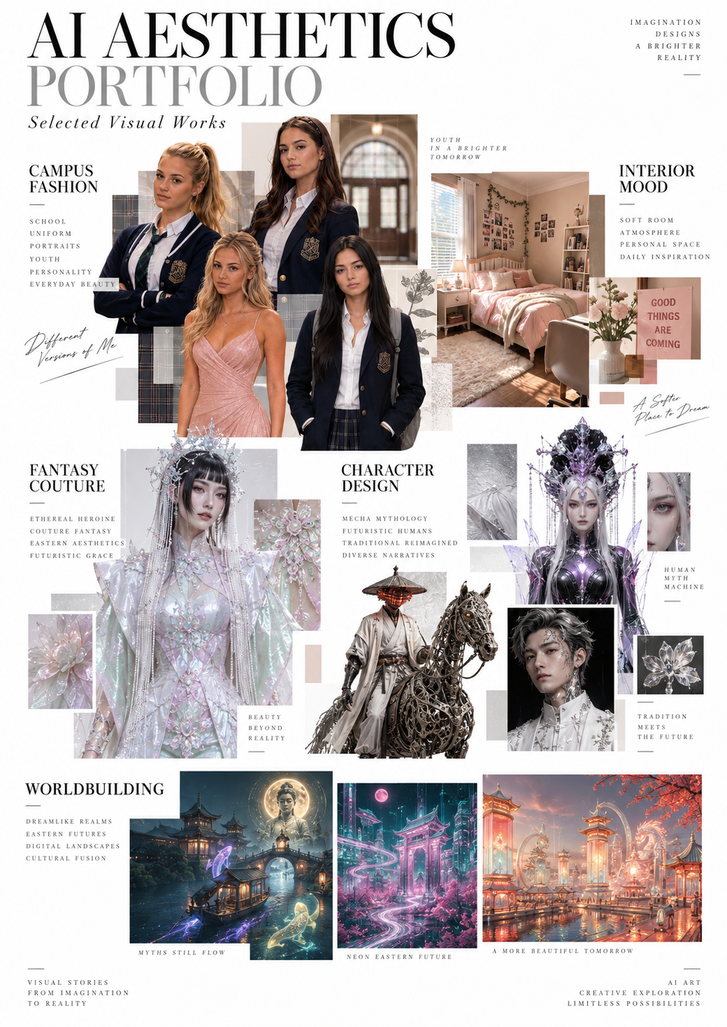 AI aesthetics poster featuring campus fashion, fantasy couture, character design, and Eastern-future landscapes