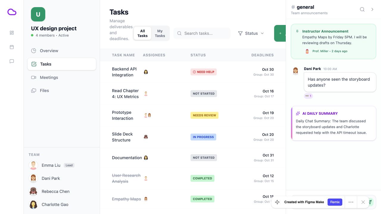 CloudSync task management and team communication interface