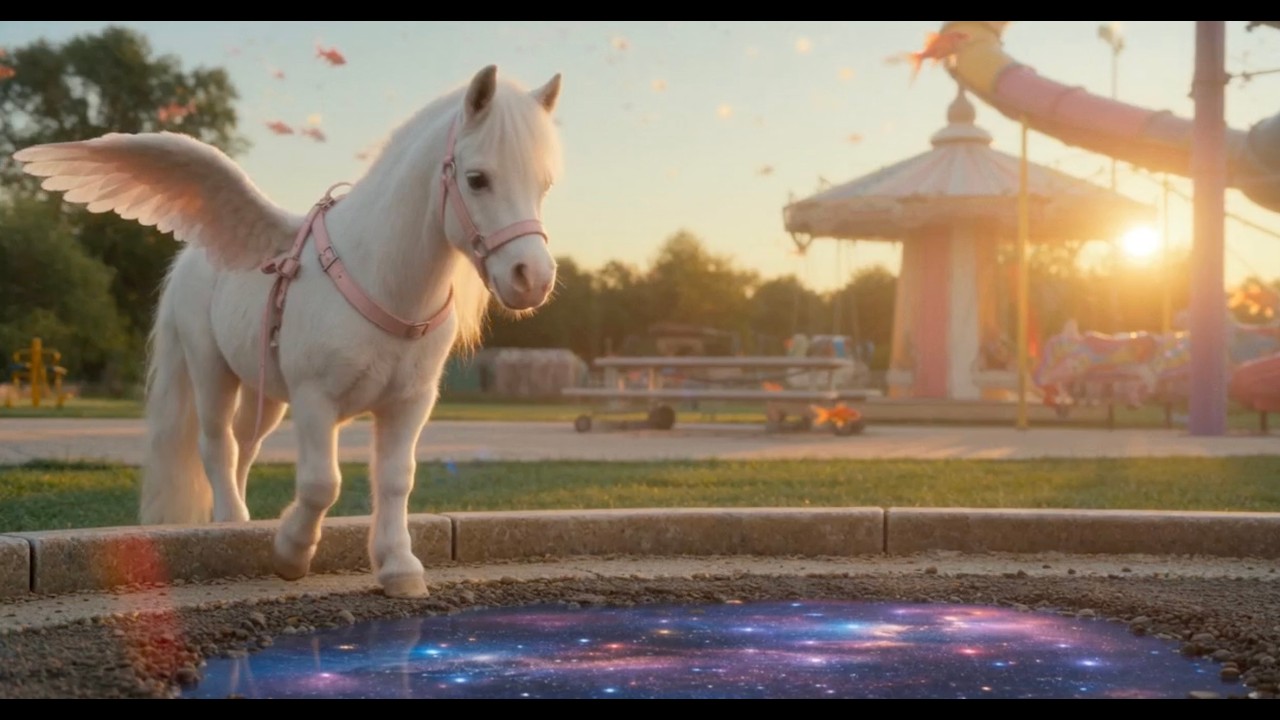 A small winged white horse approaching a portal in Fly Horse