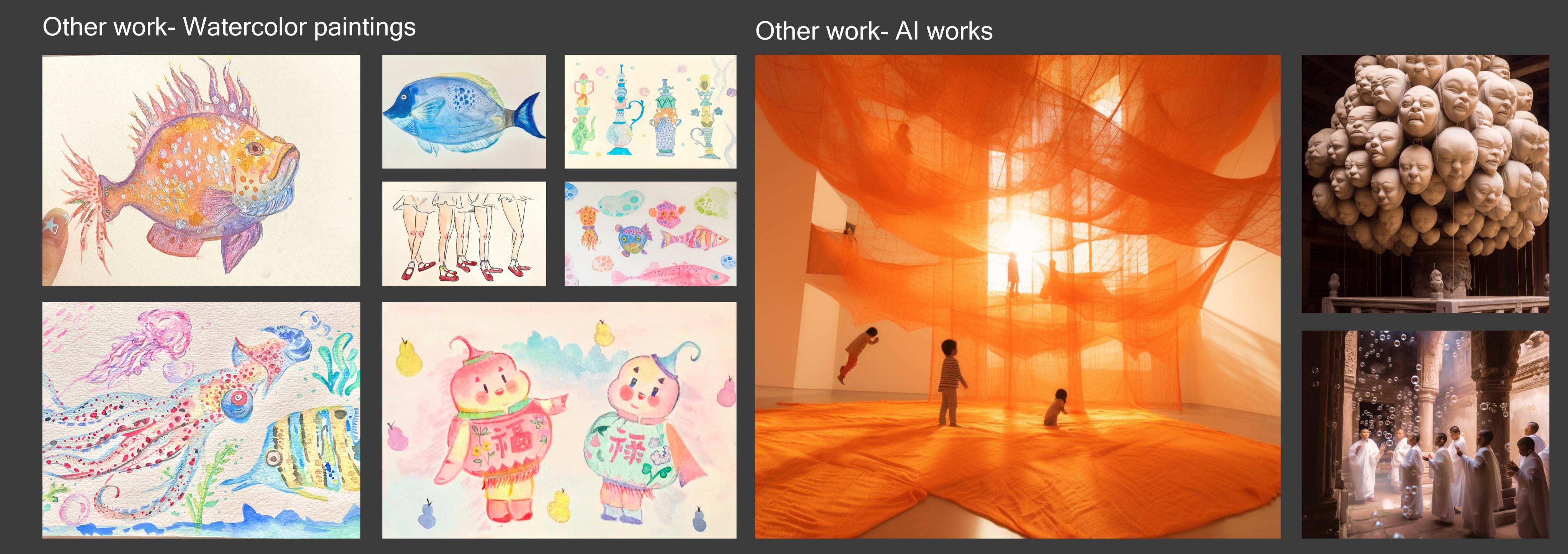 Watercolor painting and AI visual studies including fish, characters, sculptures, and orange fabric installation imagery