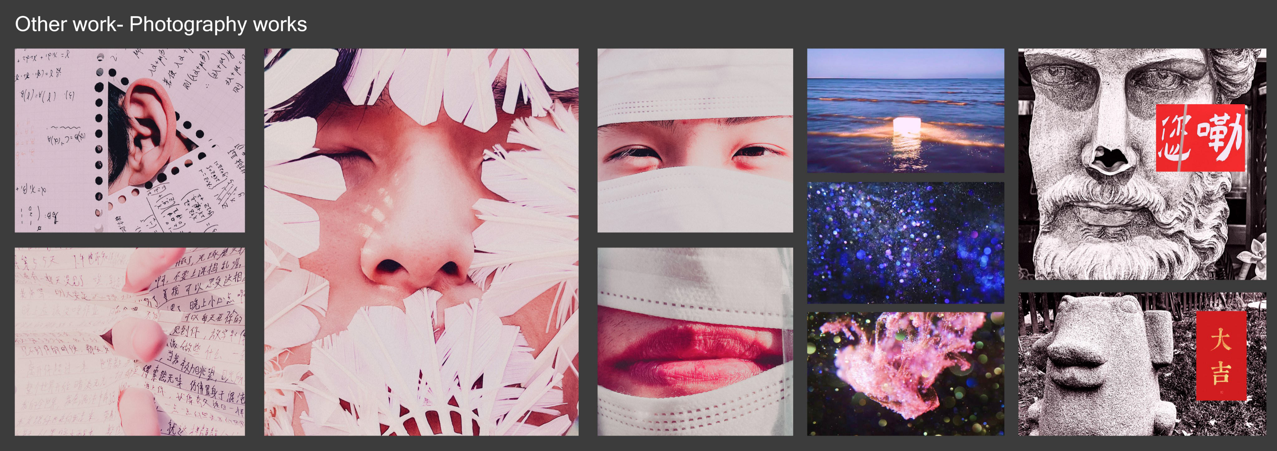 Photography studies featuring portraits, paper textures, sea horizon, color light, and carved stone figures