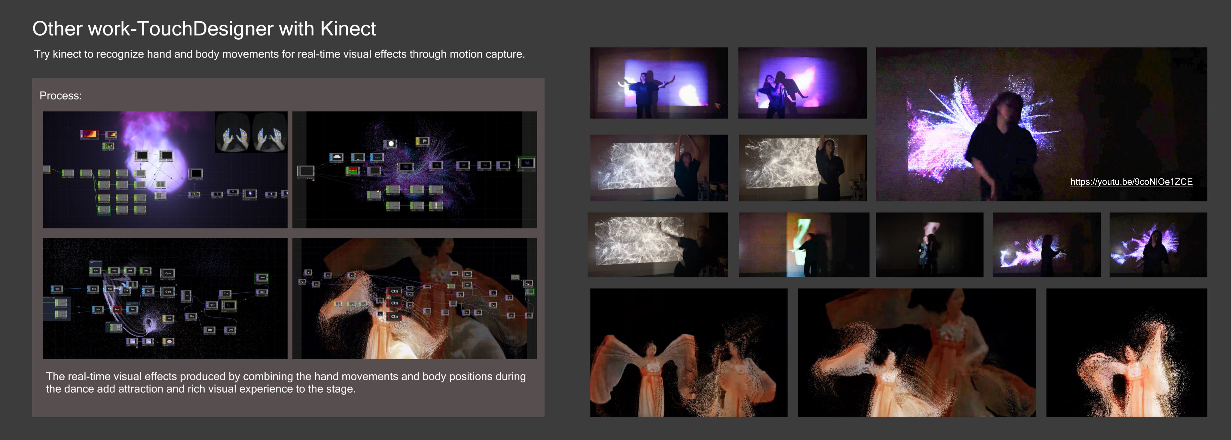 TouchDesigner node networks and Kinect-driven live visual effects for dance performance